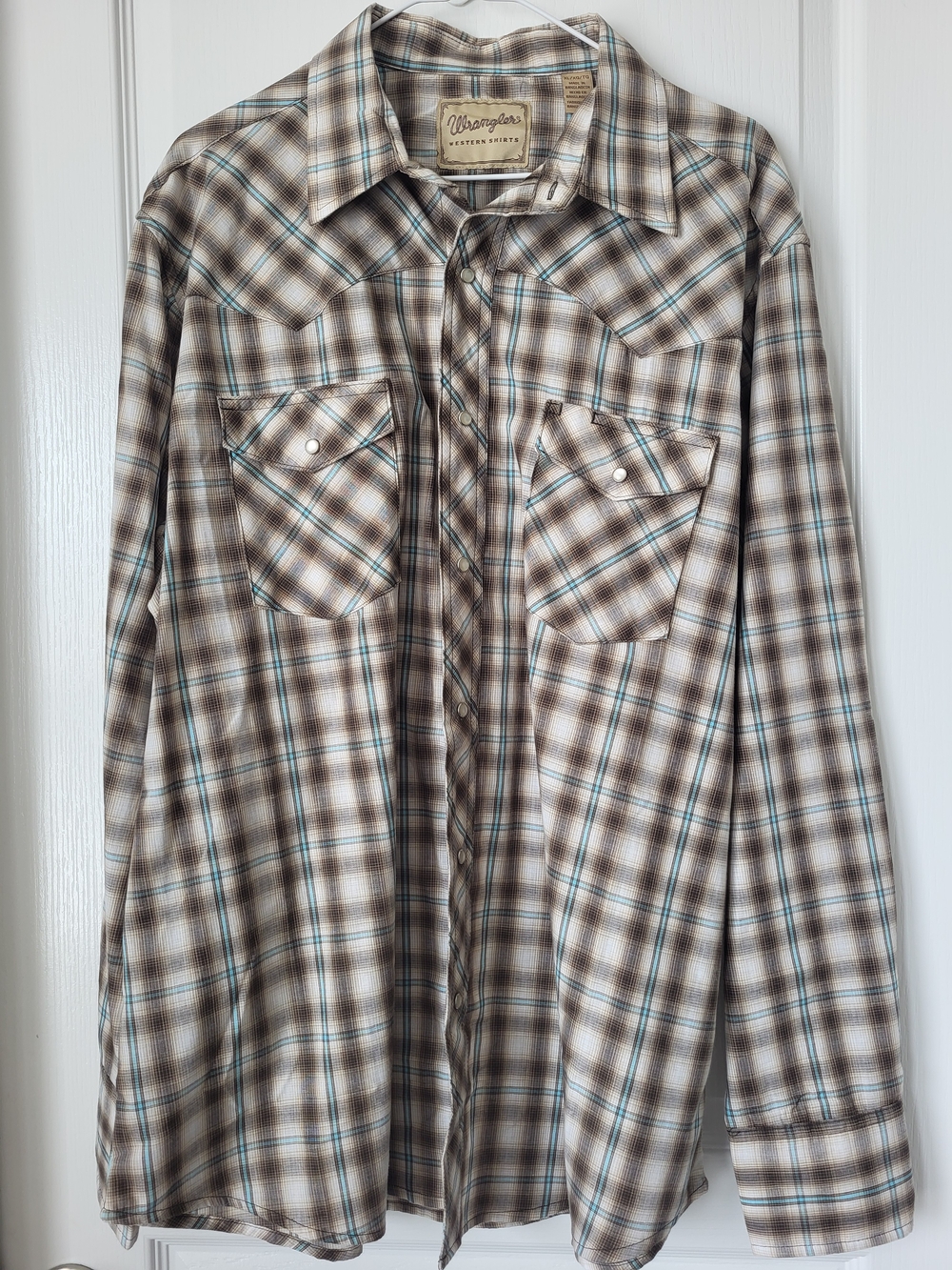 Wrangler Plaid Button-Down Shirt in Brown and Cream with Teal Accents